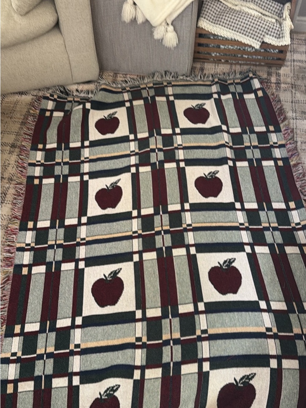 Apple Pattern Woven Throw Blanket in Burgundy, Green & Cream